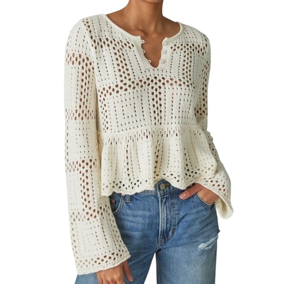 Lucky Brand NWT Open Stitch Peplum Long Sleeve Sweater Cream Size XL - Picture 1 of 11
